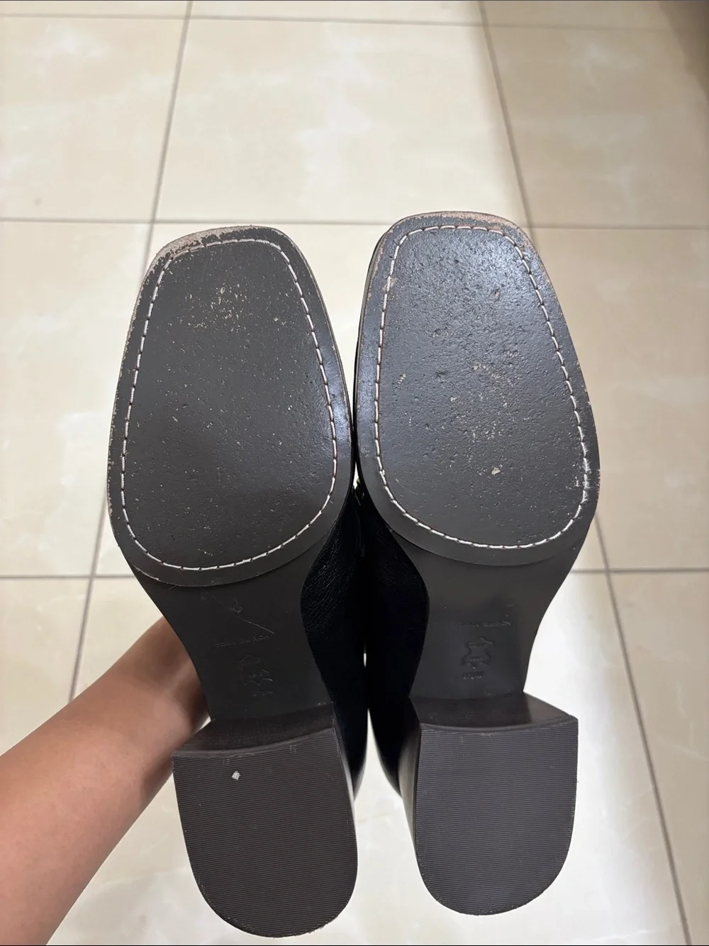 Tory Burch Black Leather Heeled Loafers with Gold Accent